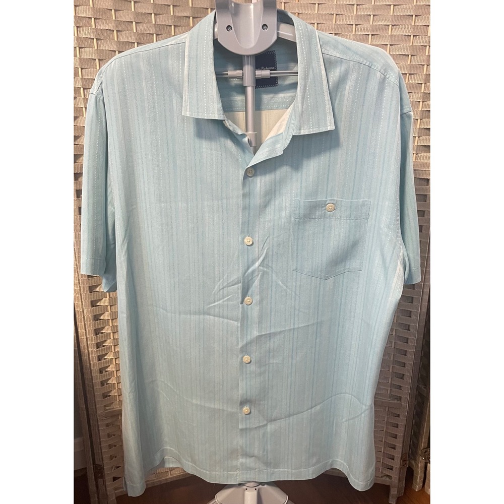 Tommy Bahama Mens XXL Light Blue 100% Silk Jacquard Stripe Camp Shirt